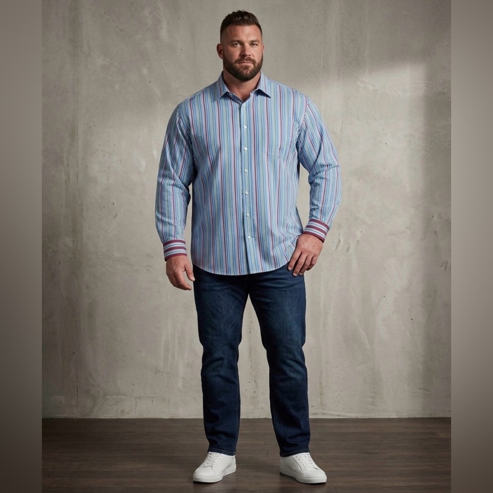 Men's Blue Multi Stripe Button-Down Shirt Big & Tall Neck 20 39/0 Classic Collar